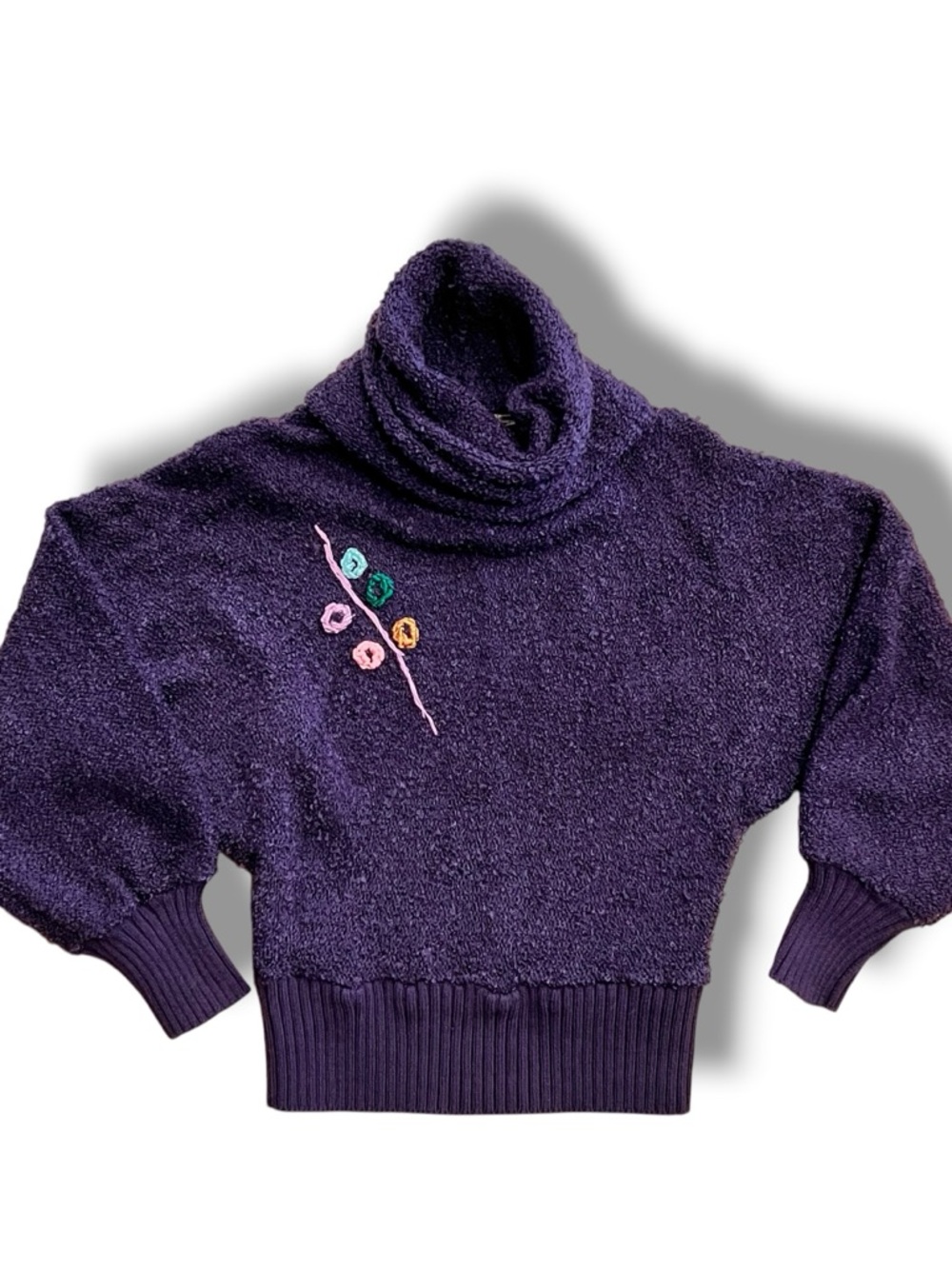 VTG Licorice Popcorn Knit Turtle Neck Purple Sweater S Dolman Sleeve 80s Granny